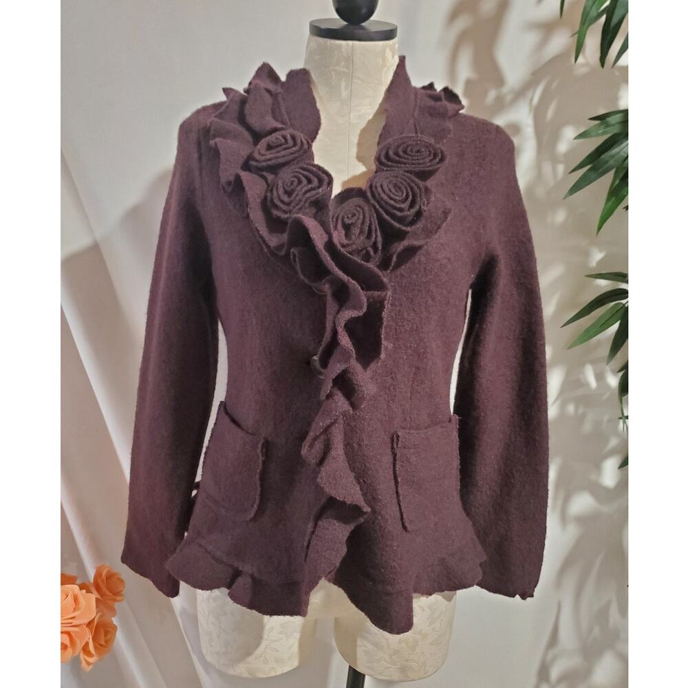Vtg Marisa Christina Wool Rosette Applique Button Ruffle Cardigan Size S Brown